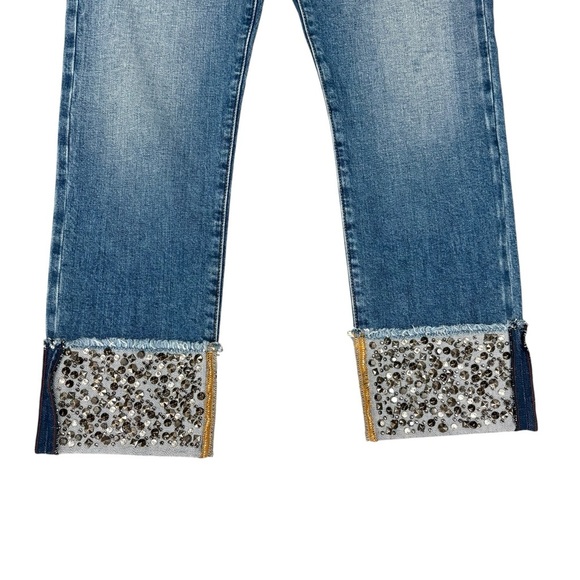 AO.LA High Rise Girlfriend Slim Jeans Fools Rush In Studded Rhinestone Cuff 28 - Picture 5 of 9